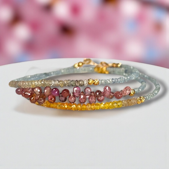 Natural Tourmaline Sapphire Convertible Necklace Wrap Bracelet Solid 14k Gold - Picture 1 of 12